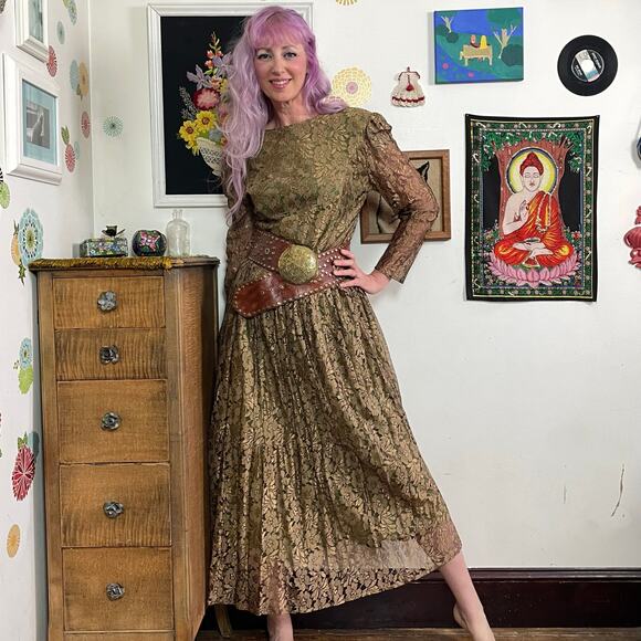 Vintage Bronze Lace Dress, 90s Witchy Bohemian Long Sleeve Maxi Sz L - Picture 1 of 10